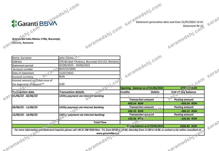 Romania Garanti BBVA bank statement xls